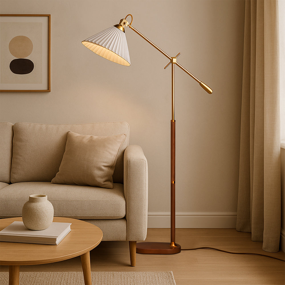 Adjustable Floor Lamp | Brass Wood Base with Pleated Shade