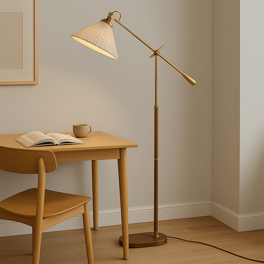 Adjustable Floor Lamp | Brass Wood Base with Pleated Shade