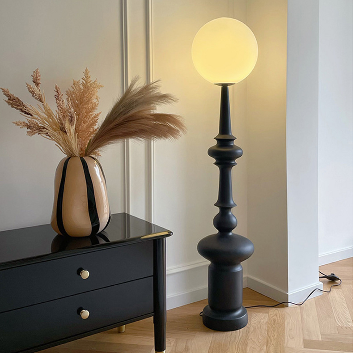 Modern Floor Lamp | Bauhaus Black Metal Base With Globe Shade