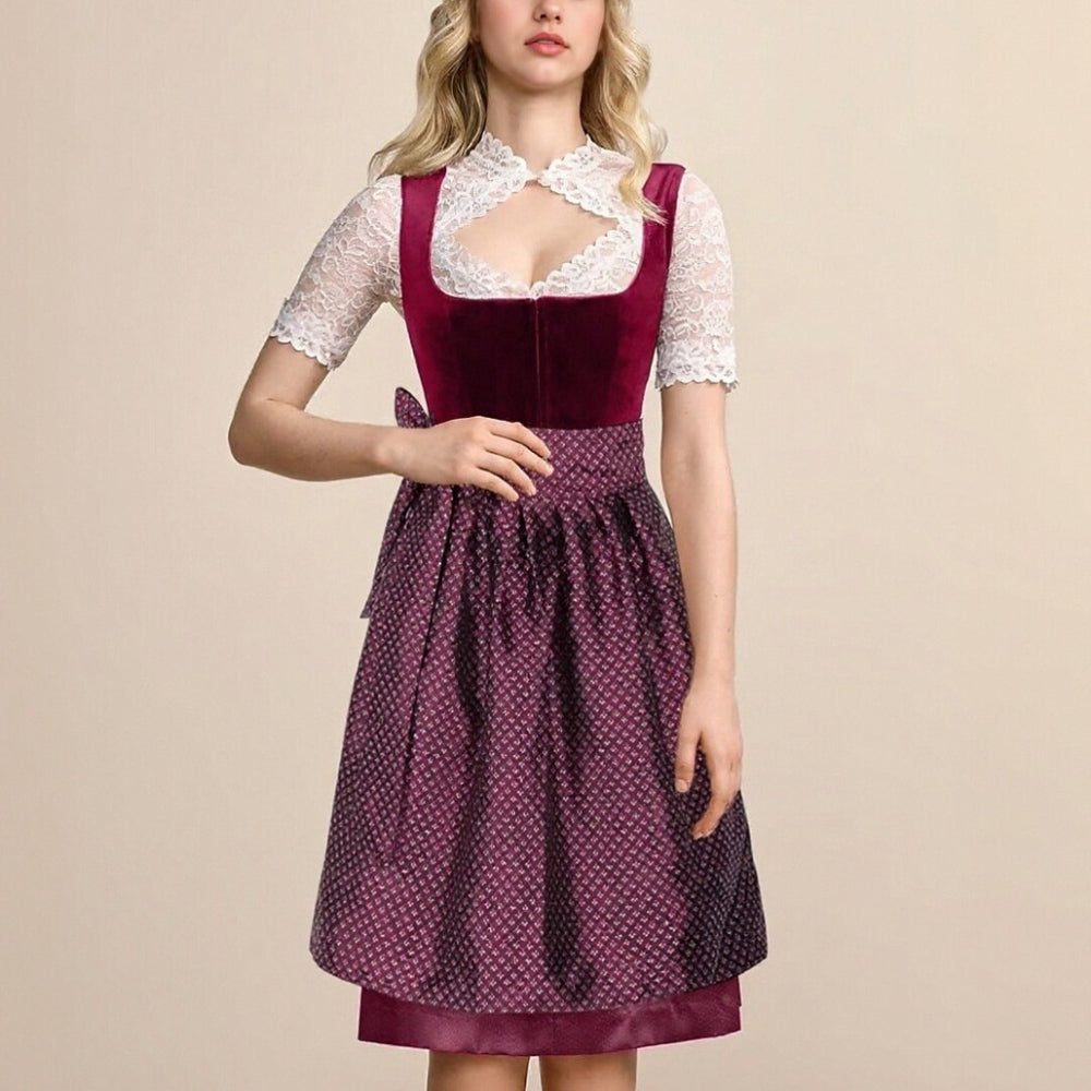 Traditional Dirndl Dress | Burgundy Velvet with Lace Detail