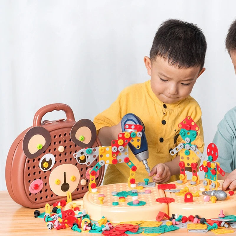 Kids Construction Toy Set | Electric Drill Tool Kit with Bear Carry Case