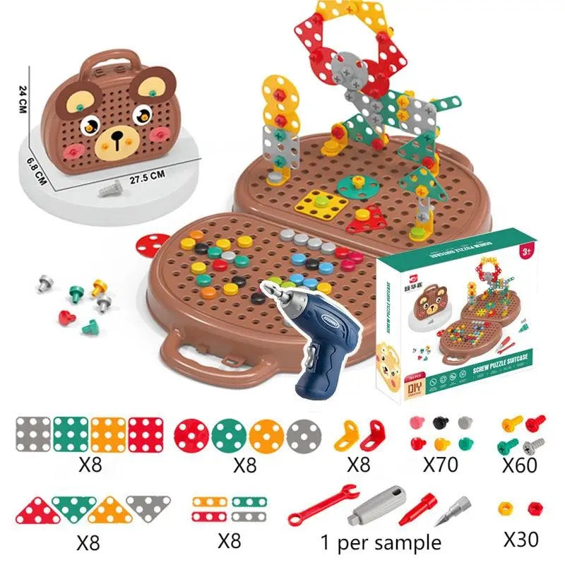 Kids Construction Toy Set | Electric Drill Tool Kit with Bear Carry Case
