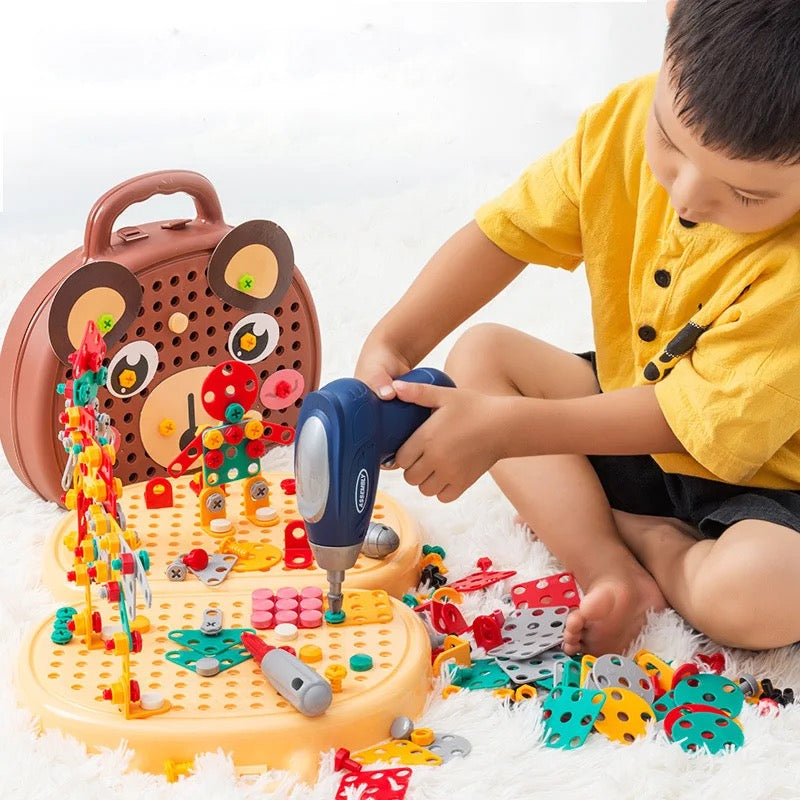 Kids Construction Toy Set | Electric Drill Tool Kit with Bear Carry Case