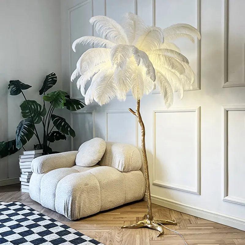 Nordic Feather Floor Lamp | Pink Ostrich Plume Gold Stand