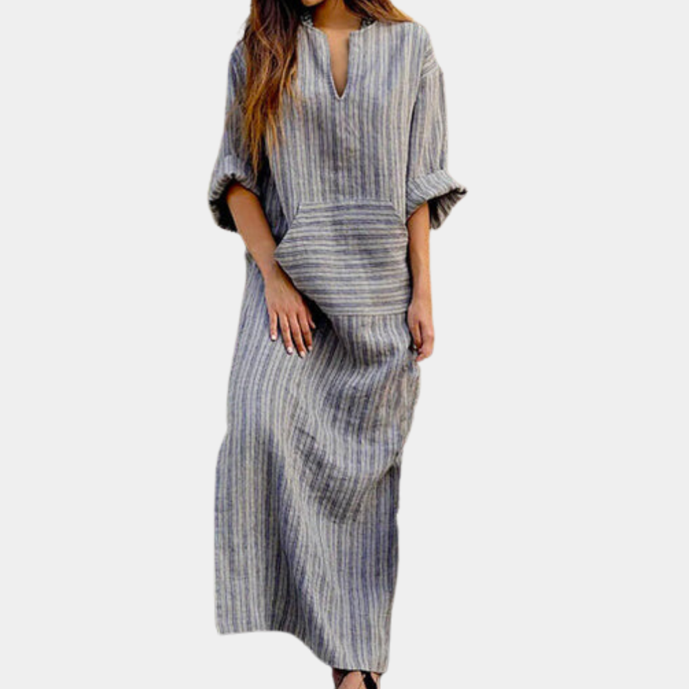 Striped Maxi Dress | Cotton V-Neck Long Loungewear