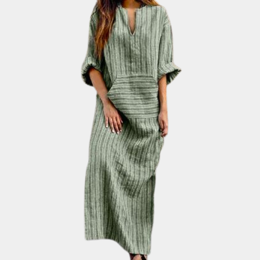 Striped Maxi Dress | Cotton V-Neck Long Loungewear