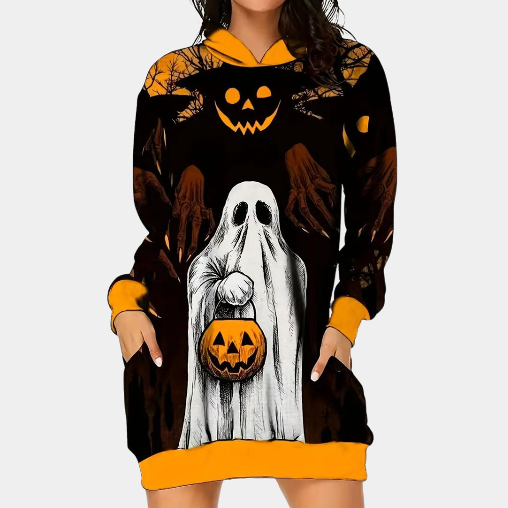 Halloween Hoodie Dress | Ghost & Pumpkin Print Design