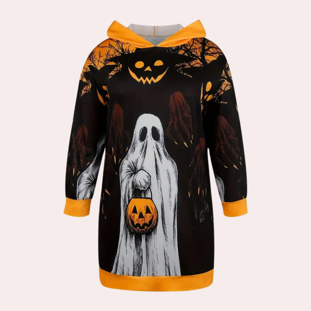 Halloween Hoodie Dress | Ghost & Pumpkin Print Design