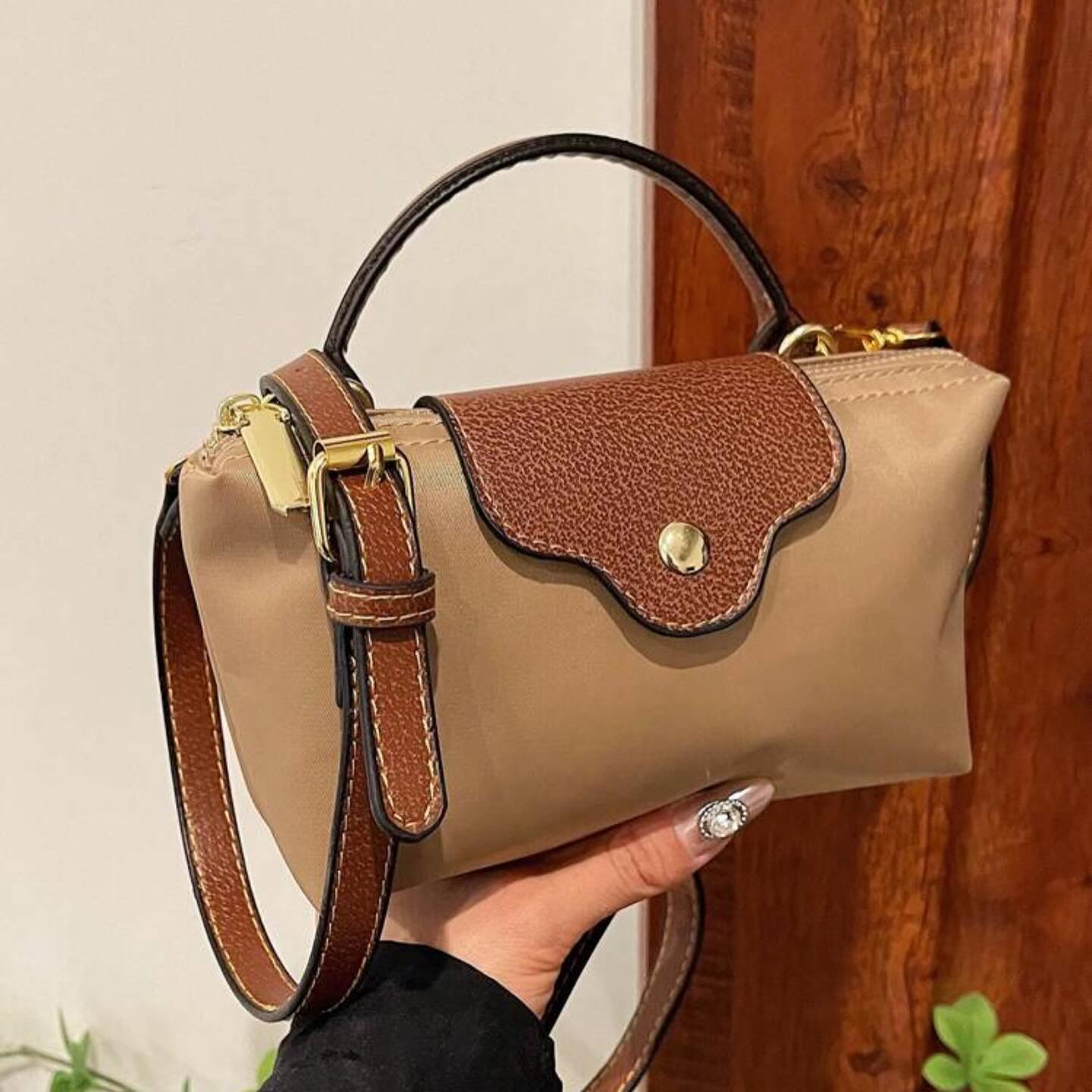 Leather Crossbody Bag | Compact Two-Tone Design with Gold Hardware