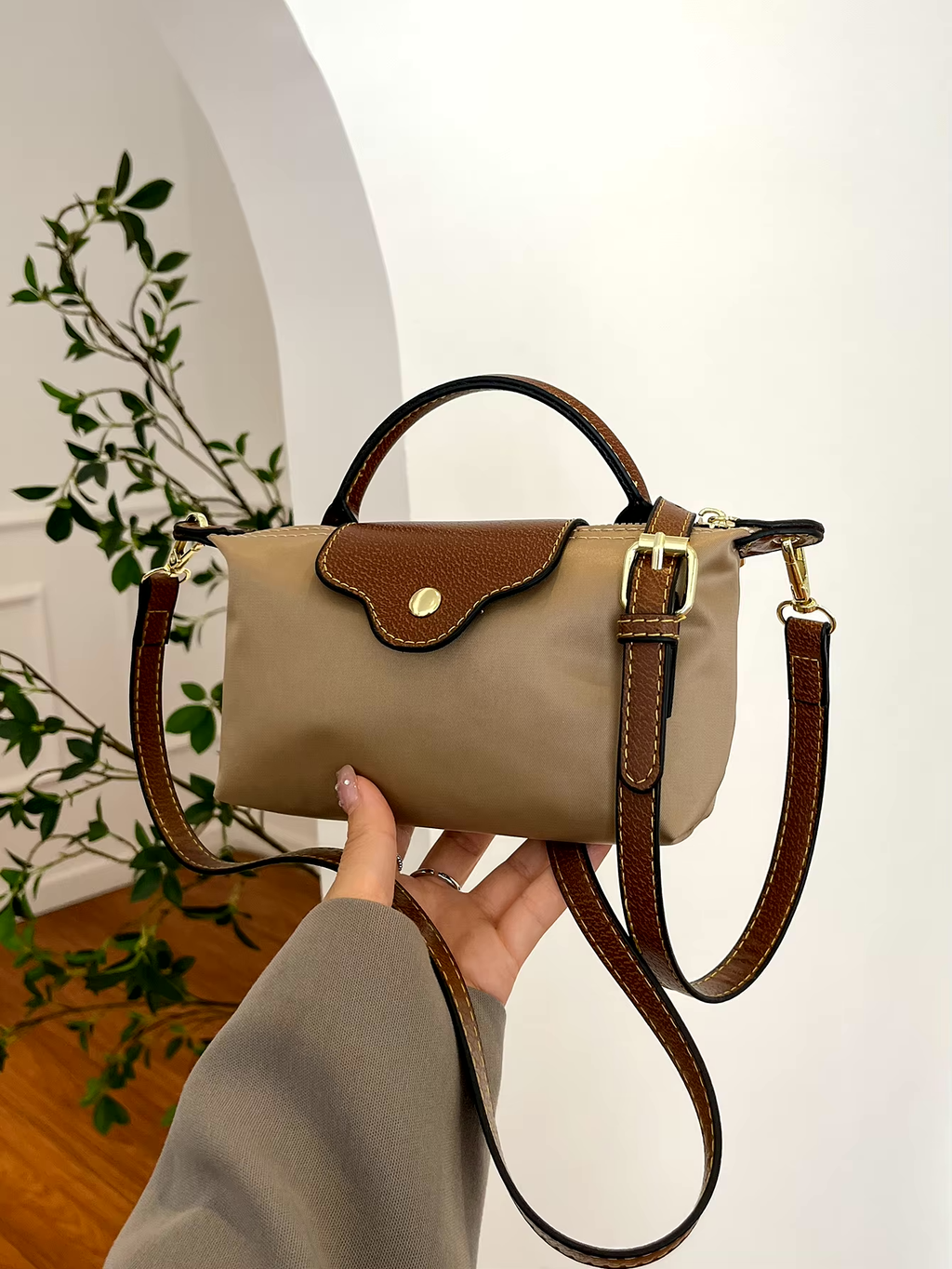 Leather Crossbody Bag | Compact Two-Tone Design with Gold Hardware