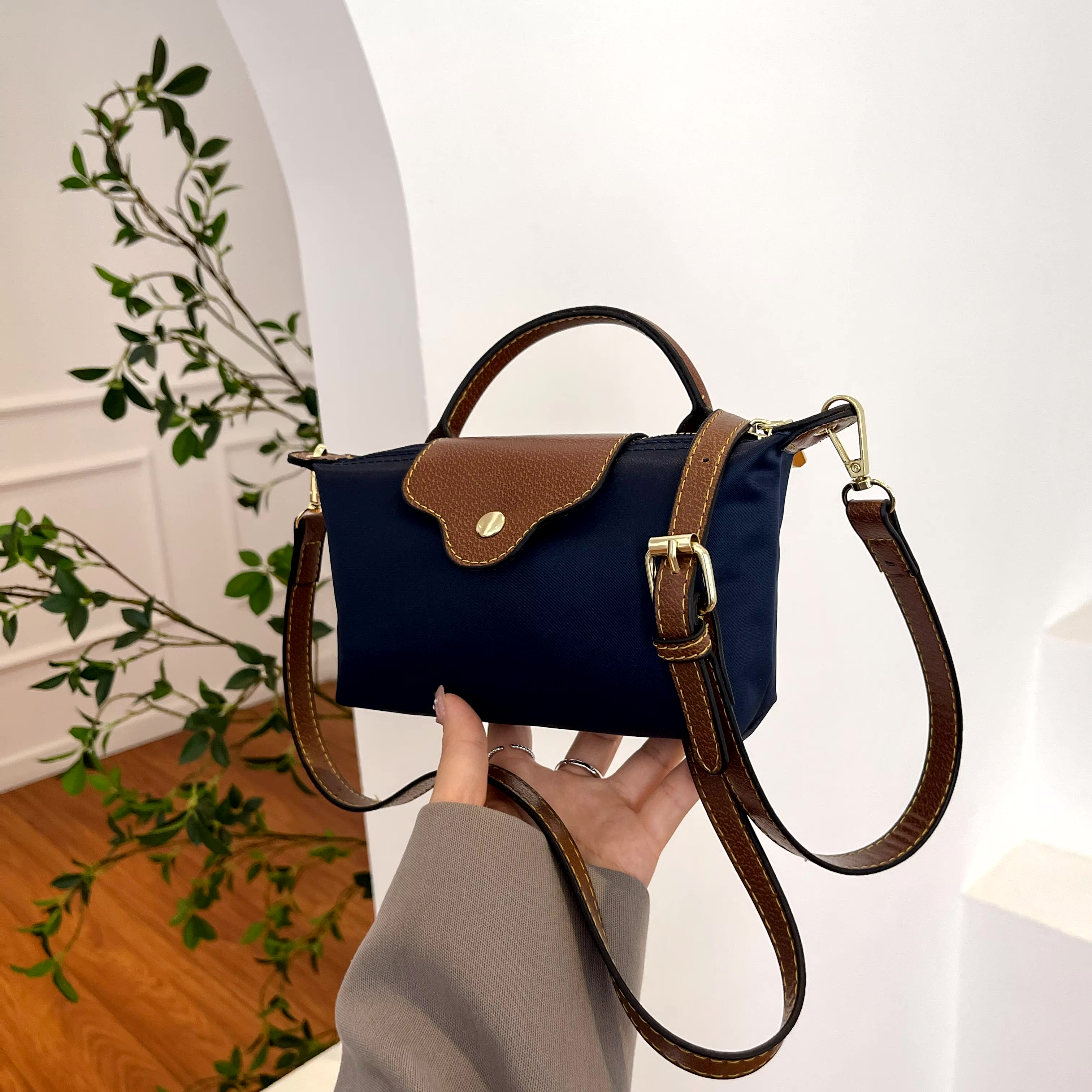 Leather Crossbody Bag | Compact Two-Tone Design with Gold Hardware