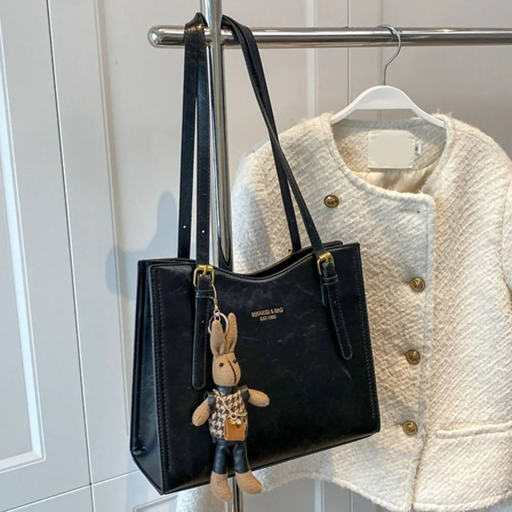 Black Tote Bag | PU Leather with Rabbit Pendant Charm