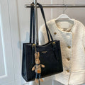Black Tote Bag | PU Leather with Rabbit Pendant Charm