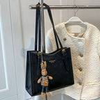 PU Leather Tote Bag | Black Shoulder Bag with Rabbit Pendant