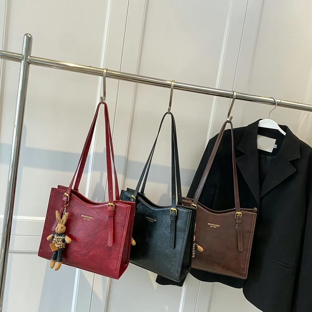 Black Tote Bag | PU Leather with Rabbit Pendant Charm