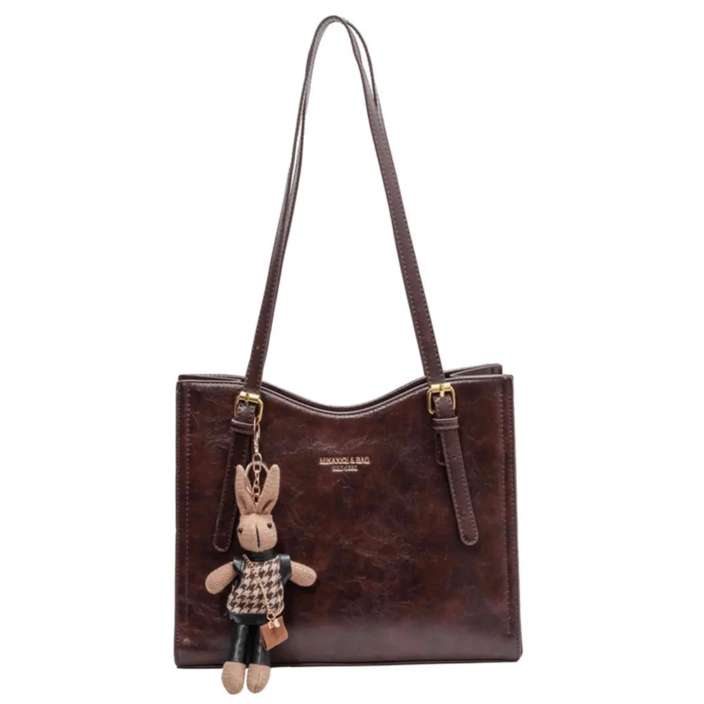 Black Tote Bag | PU Leather with Rabbit Pendant Charm