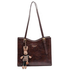 PU Leather Tote Bag | Black Shoulder Bag with Rabbit Pendant