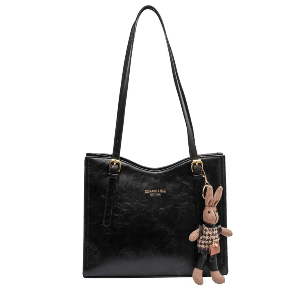 Black Tote Bag | PU Leather with Rabbit Pendant Charm