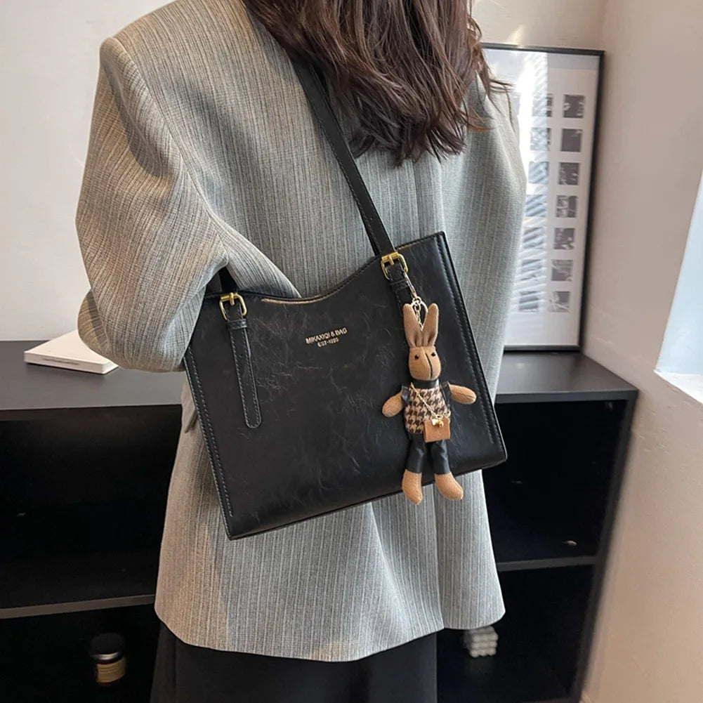 Black Tote Bag | PU Leather with Rabbit Pendant Charm