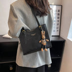 PU Leather Tote Bag | Black Shoulder Bag with Rabbit Pendant