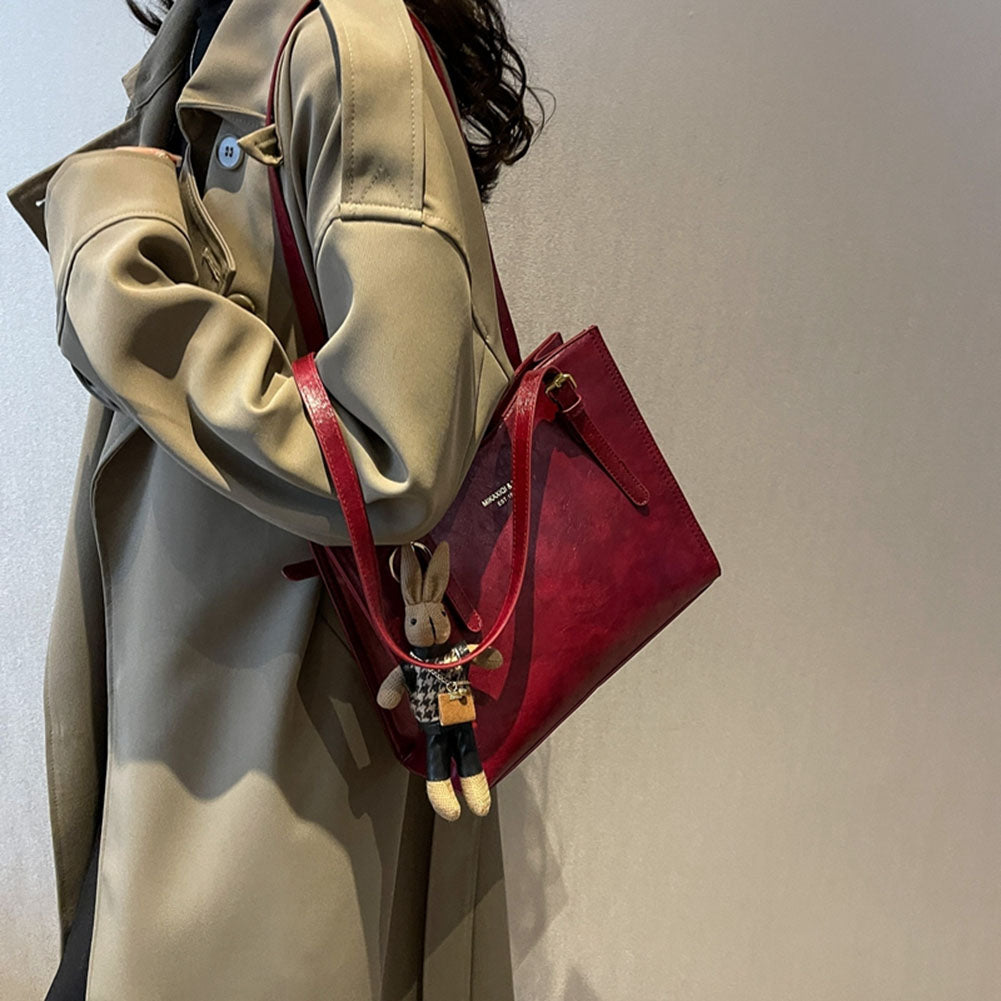 PU Leather Tote Bag | Black Shoulder Bag with Rabbit Pendant