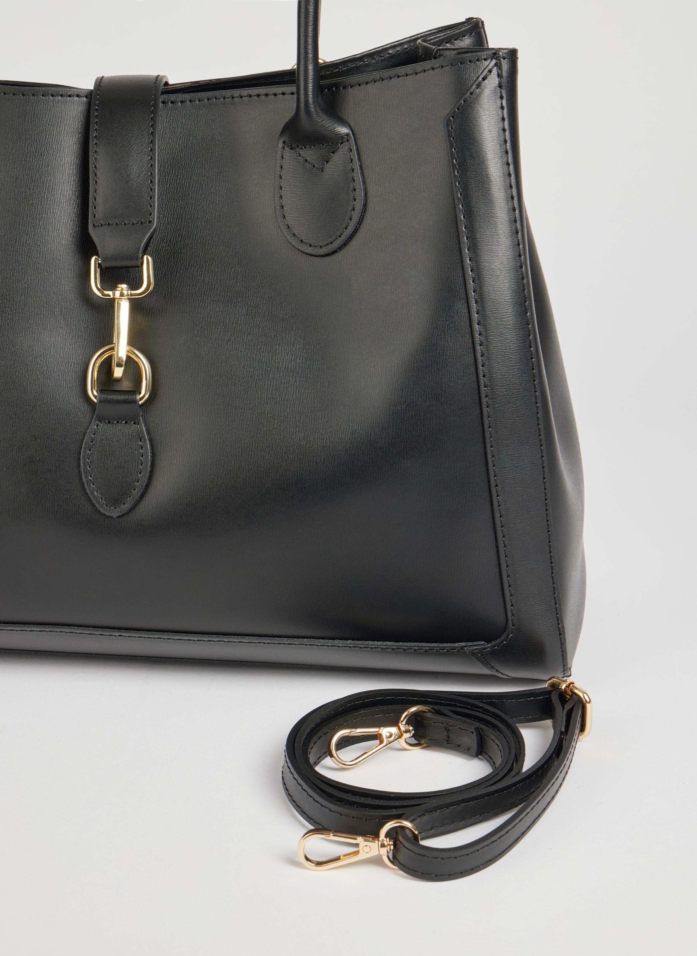Classic Leather Tote Bag | Black Brushed Leather Gold Hardware
