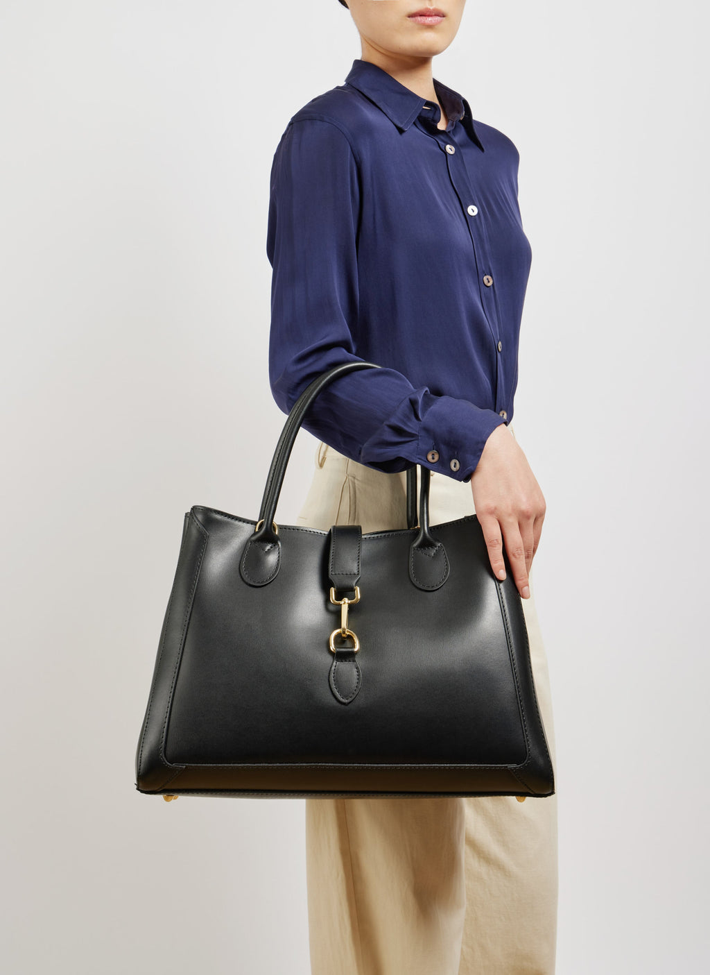 Classic Leather Tote Bag | Black Brushed Leather Gold Hardware