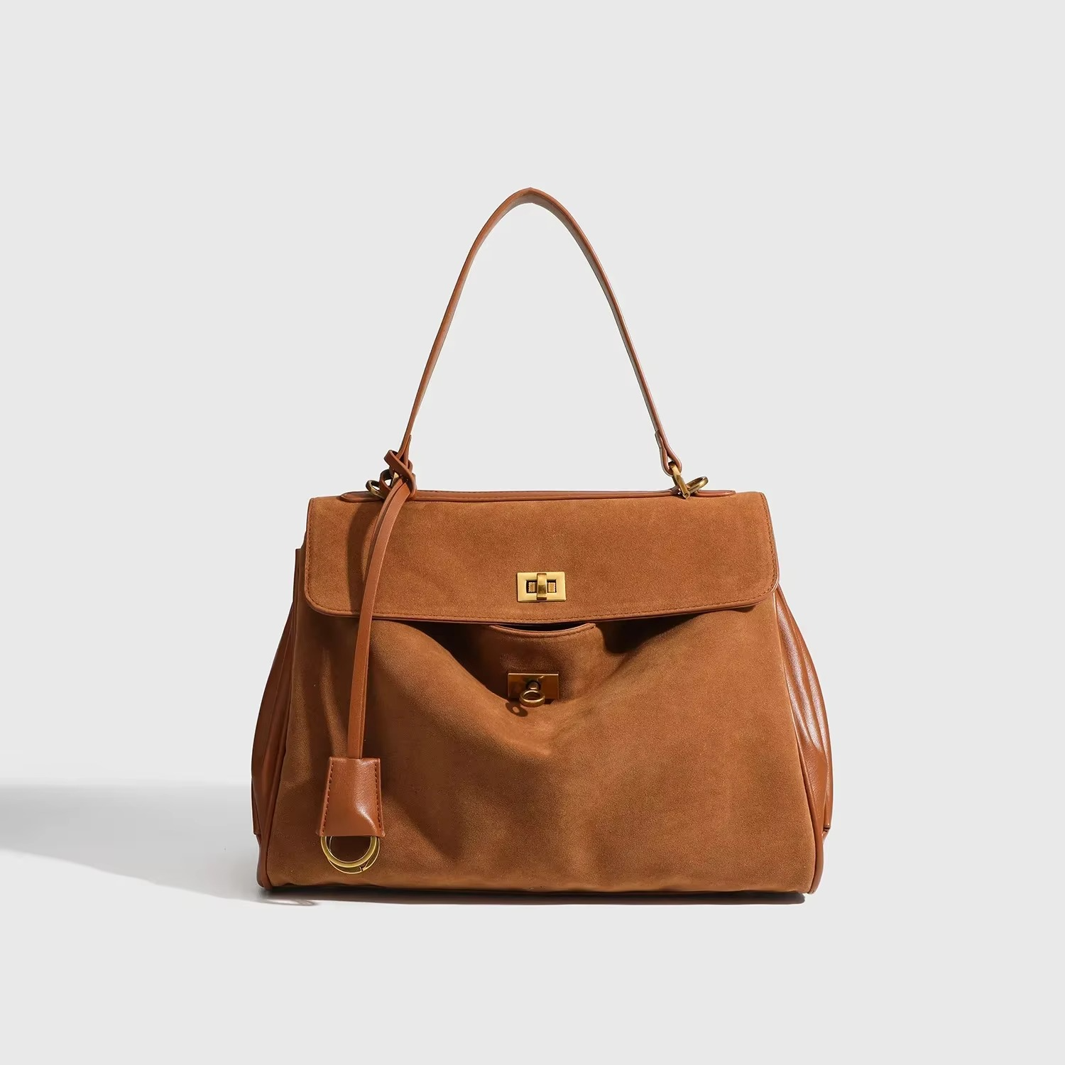 Classic Suede Kelly Bag | Camel Leather Trim Design