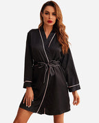Luxury Satin Robe | Black With Pink Piping Trim