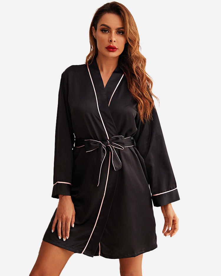 Luxury Satin Robe | Black With Pink Piping Trim