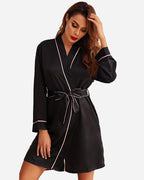 Luxury Satin Robe | Black With Pink Piping Trim