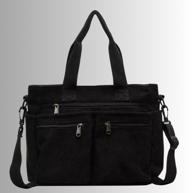 Black Corduroy Tote Bag | Multi-Pocket Crossbody Design