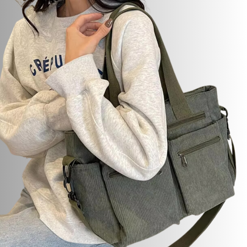 Black Corduroy Tote Bag | Multi-Pocket Crossbody Design