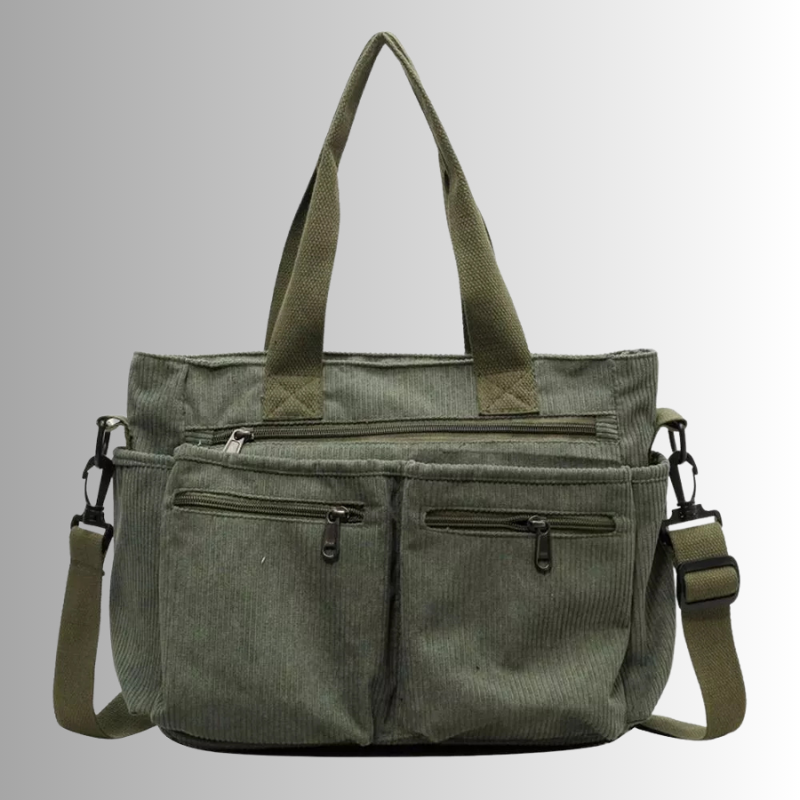 Corduroy Tote Bag | Multi-Pocket Black Shoulder Bag
