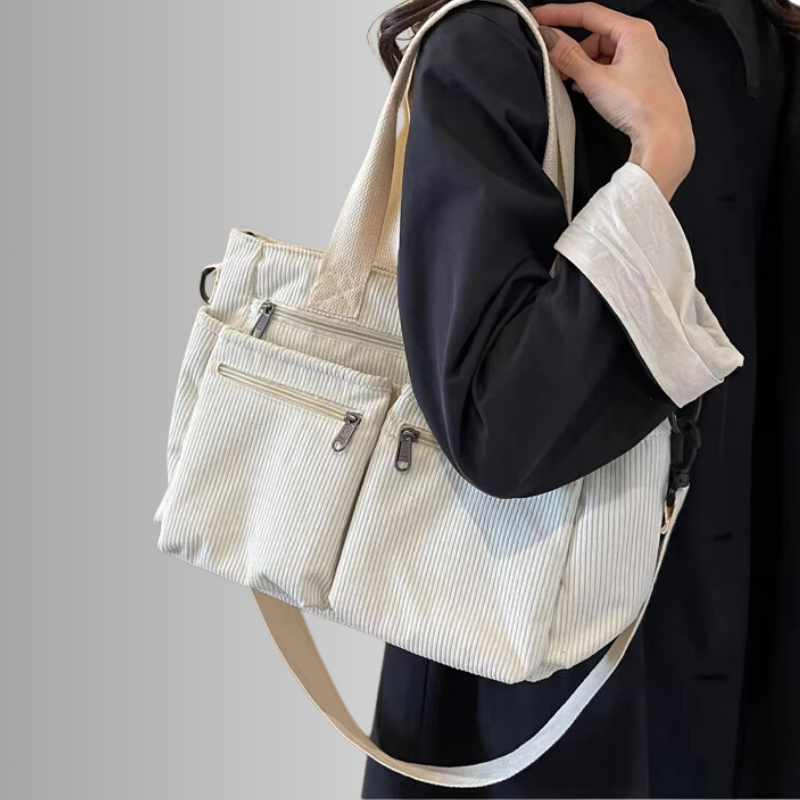 Black Corduroy Tote Bag | Multi-Pocket Crossbody Design