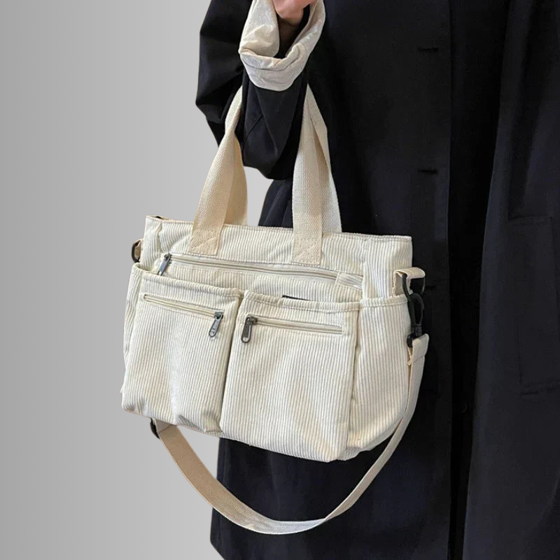 Black Corduroy Tote Bag | Multi-Pocket Crossbody Design