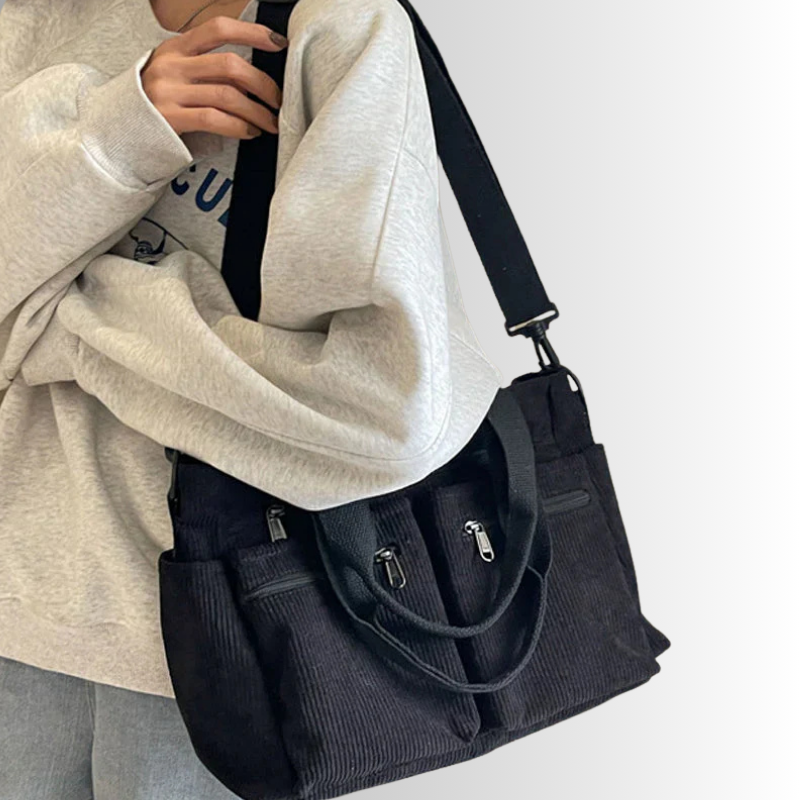 Black Corduroy Tote Bag | Multi-Pocket Crossbody Design