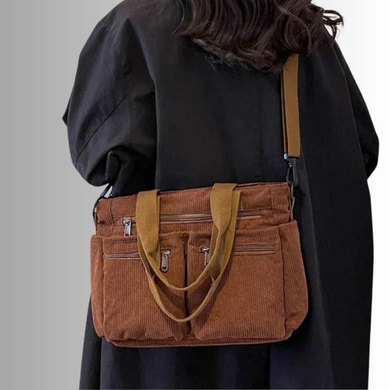 Black Corduroy Tote Bag | Multi-Pocket Crossbody Design