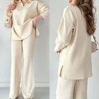 Ribbed Loungewear Set | Wide Leg V-Neck Two-Piece