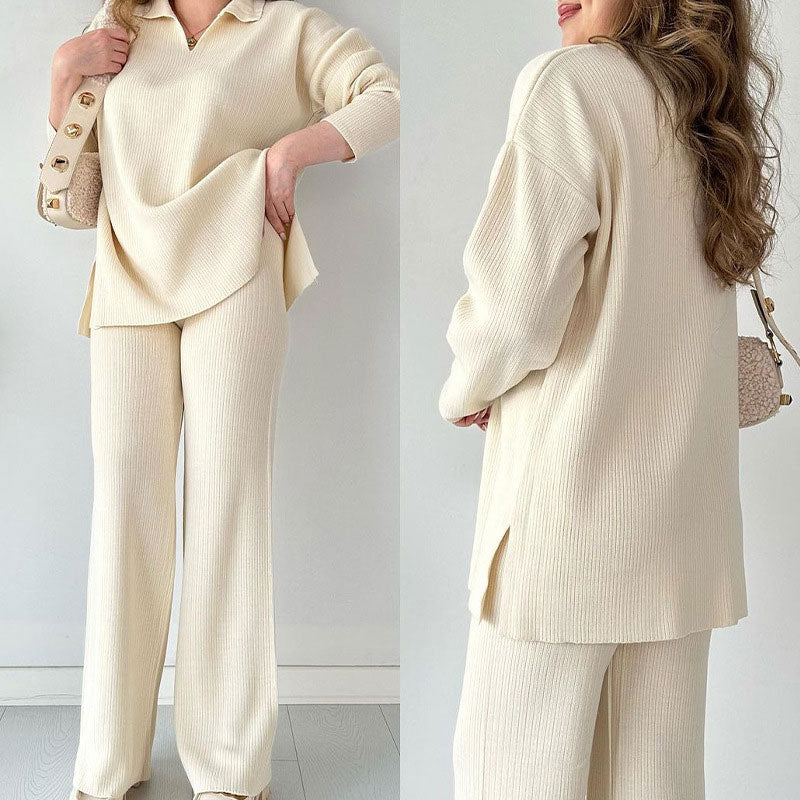 Ribbed Loungewear Set | Wide Leg V-Neck Two-Piece