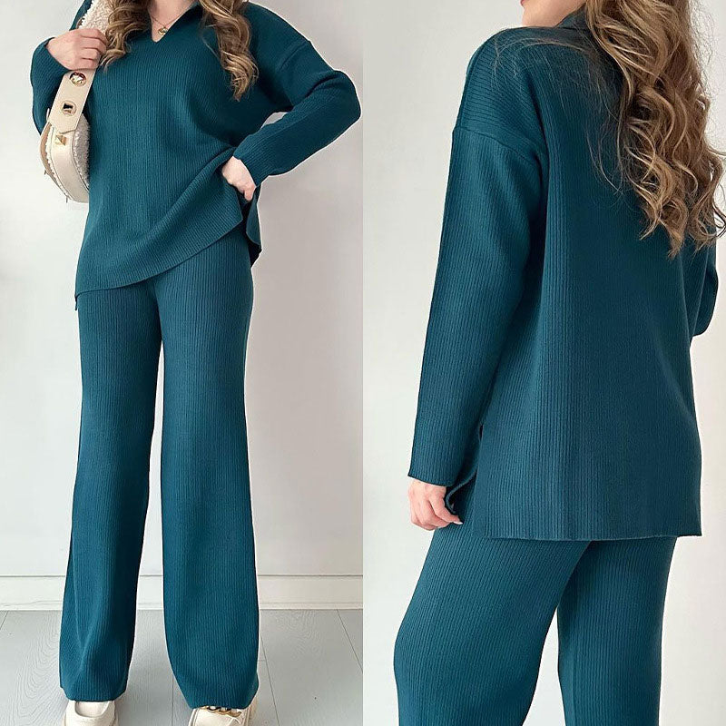 Ribbed Loungewear Set | Wide Leg V-Neck Two-Piece