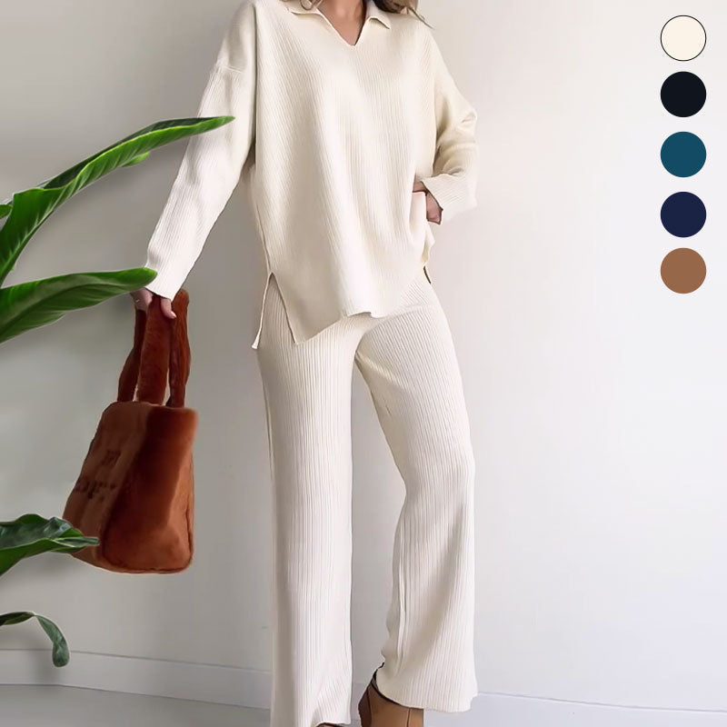 Ribbed Loungewear Set | Wide Leg V-Neck Two-Piece
