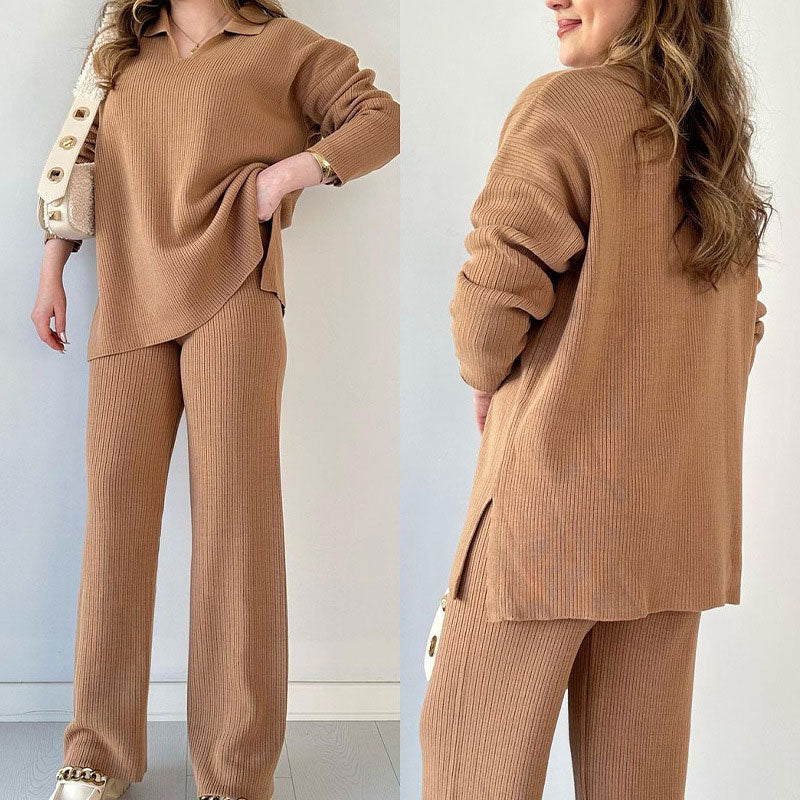 Ribbed Loungewear Set | Wide Leg V-Neck Two-Piece