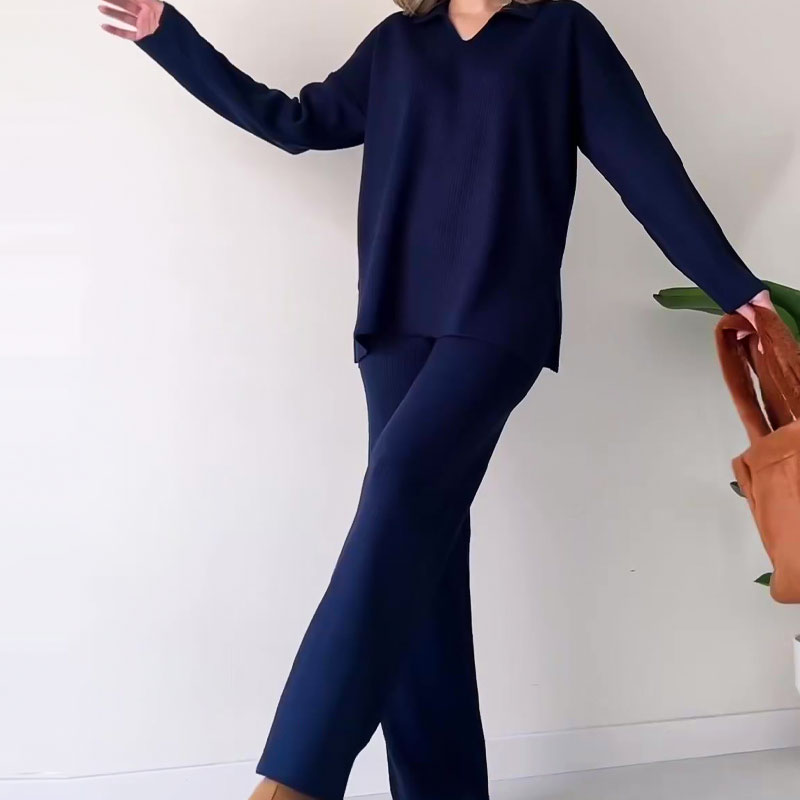Ribbed Loungewear Set | Wide Leg V-Neck Two-Piece