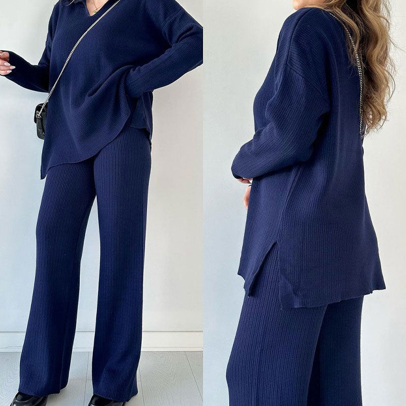 Ribbed Loungewear Set | Wide Leg V-Neck Two-Piece