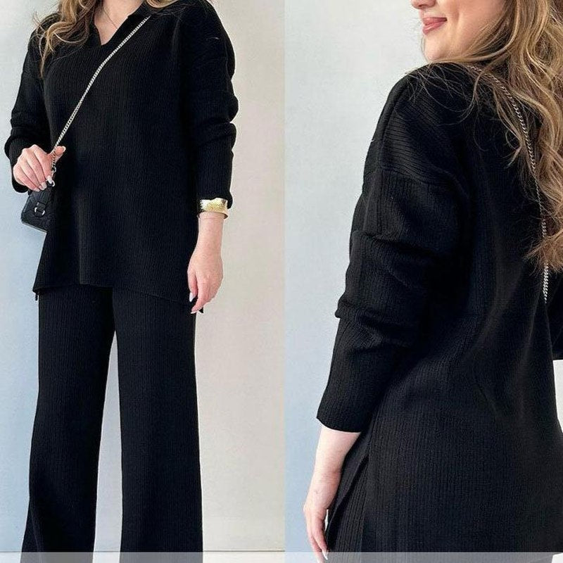 Ribbed Loungewear Set | Wide Leg V-Neck Two-Piece