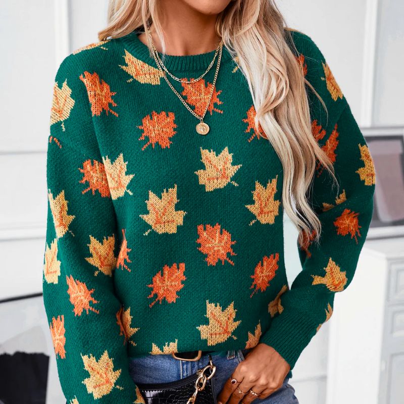 Autumn Knit Sweater | Maple Leaf Pattern In Forest Green