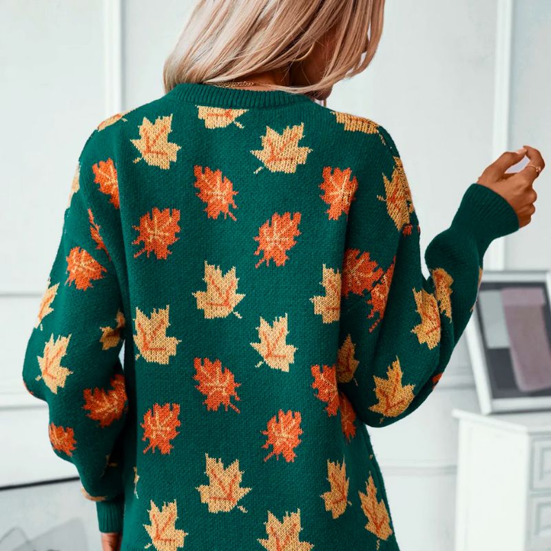 Autumn Knit Sweater | Maple Leaf Pattern In Forest Green