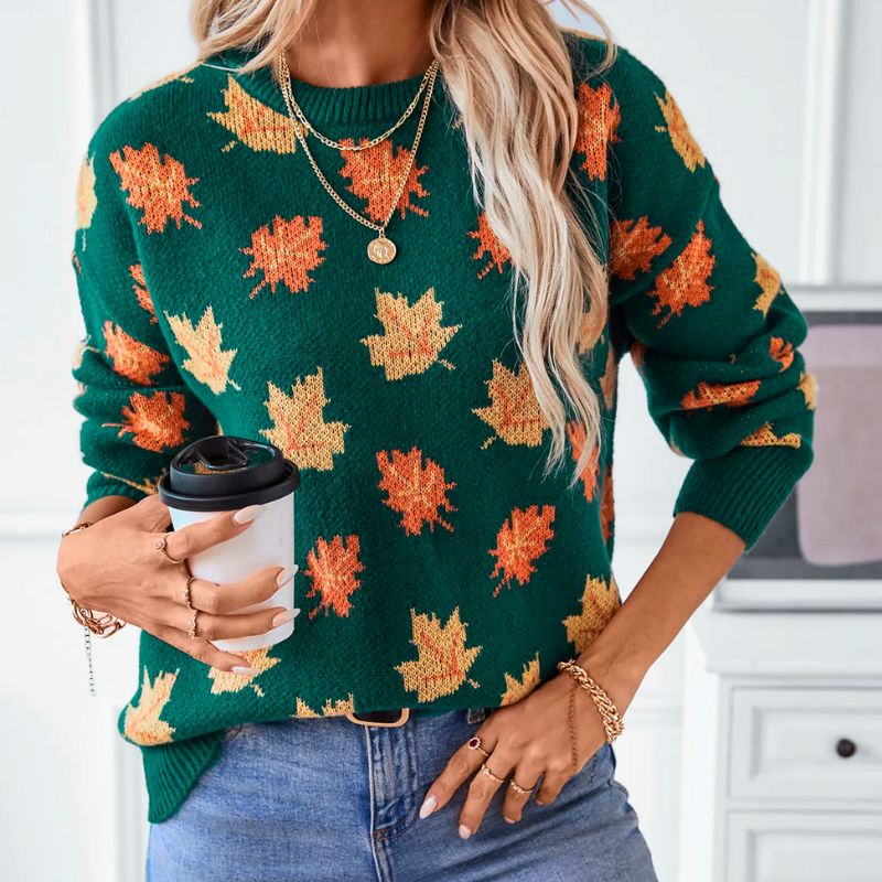 Autumn Knit Sweater | Maple Leaf Pattern In Forest Green