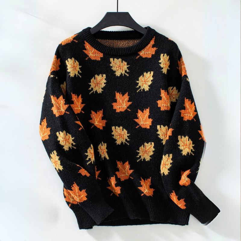 Autumn Knit Sweater | Maple Leaf Pattern In Forest Green